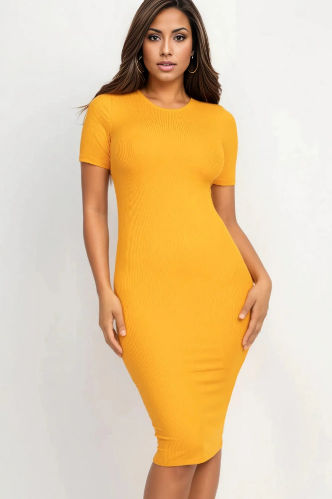 Tommy Hilfiger Yellow Ribbed Bodycon Dress Ribbed Bodycon Midi Dress   Fashion Bomb Boutique