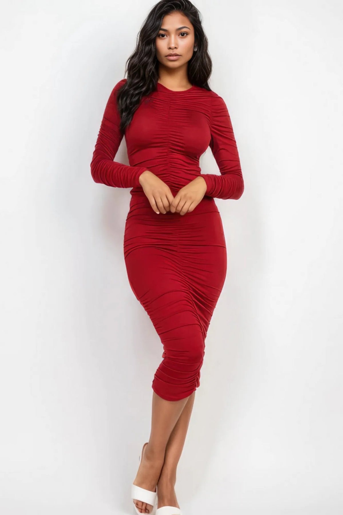 Ruched Long Sleeve Midi Dress Ruched Long Sleeve Midi Dress
